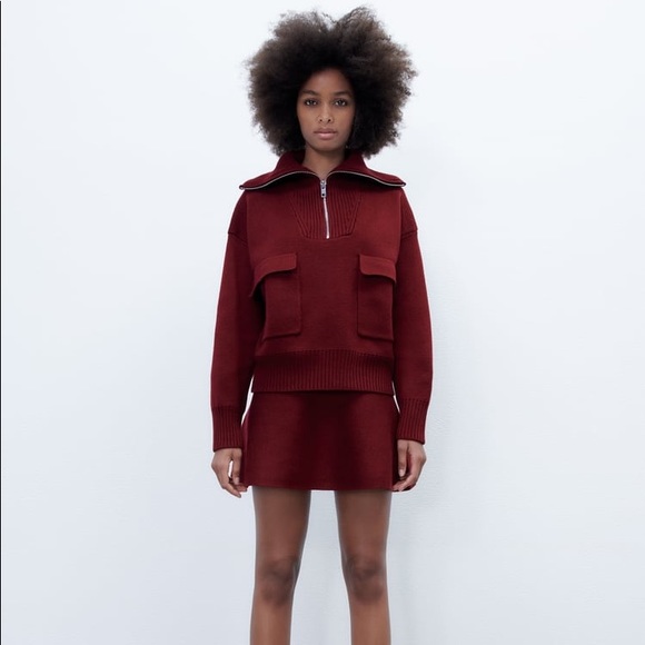 Zara Set - Burgundy Wool Blend Knit Zip Sweater & Mini Skirt - Picture 13 of 17